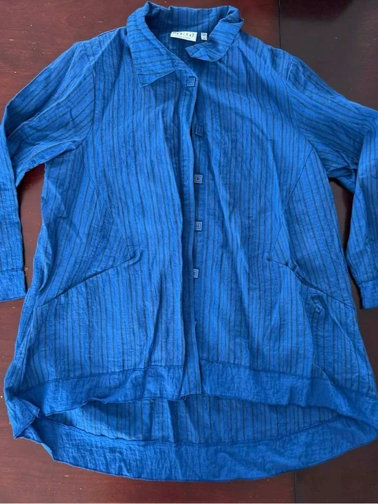HABITAT Blue Striped Crinkle Cotton Linen Shirt Lagenlook Artsy Eclectic Boho - Picture 3 of 5